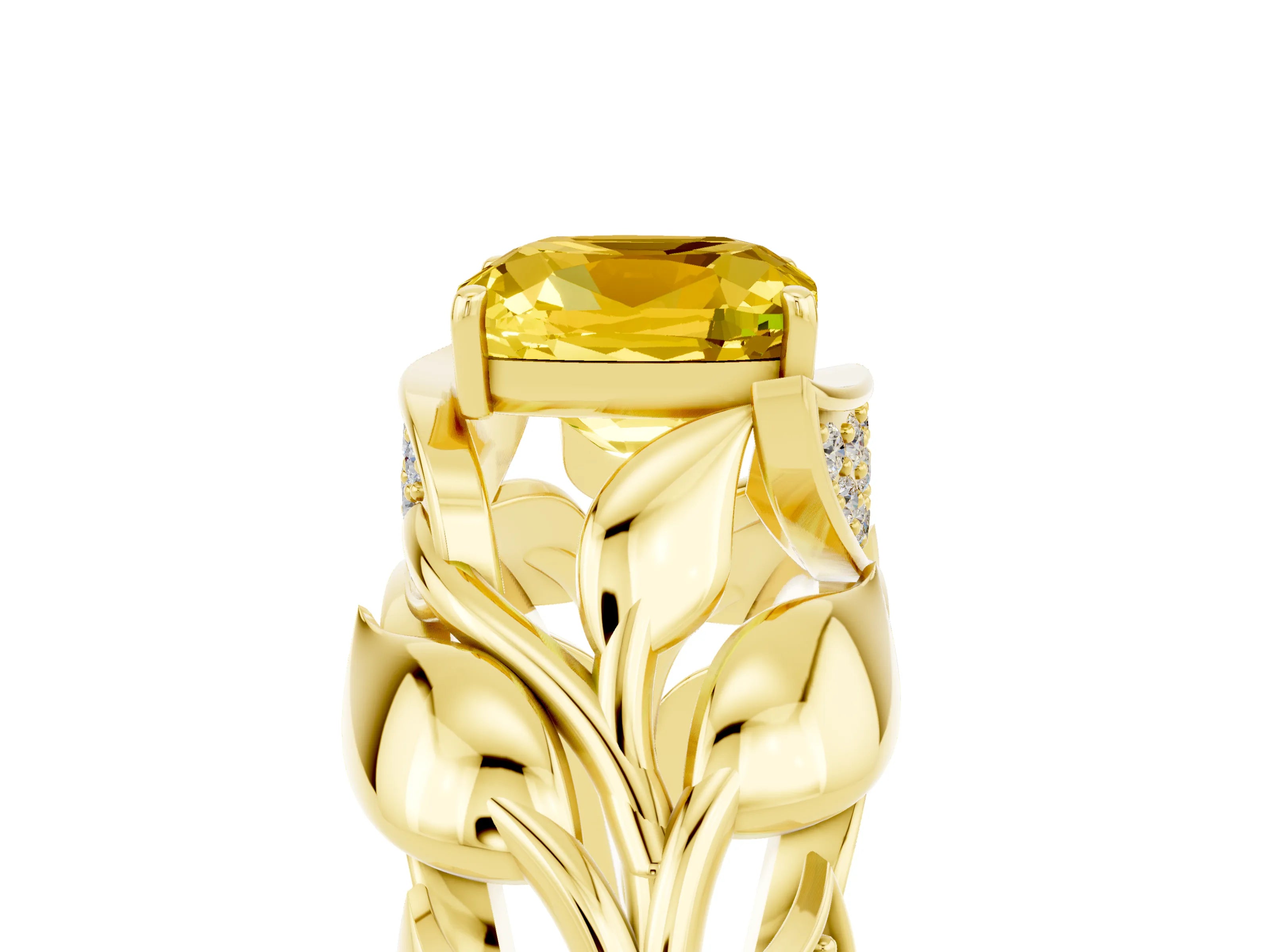 Yellow gold Cushion Cut Solitaire Leaf-Inspired Engagement Ring with Prong Setting_5