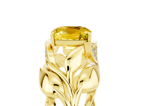 Yellow gold Cushion Cut Solitaire Leaf-Inspired Engagement Ring with Prong Setting_5