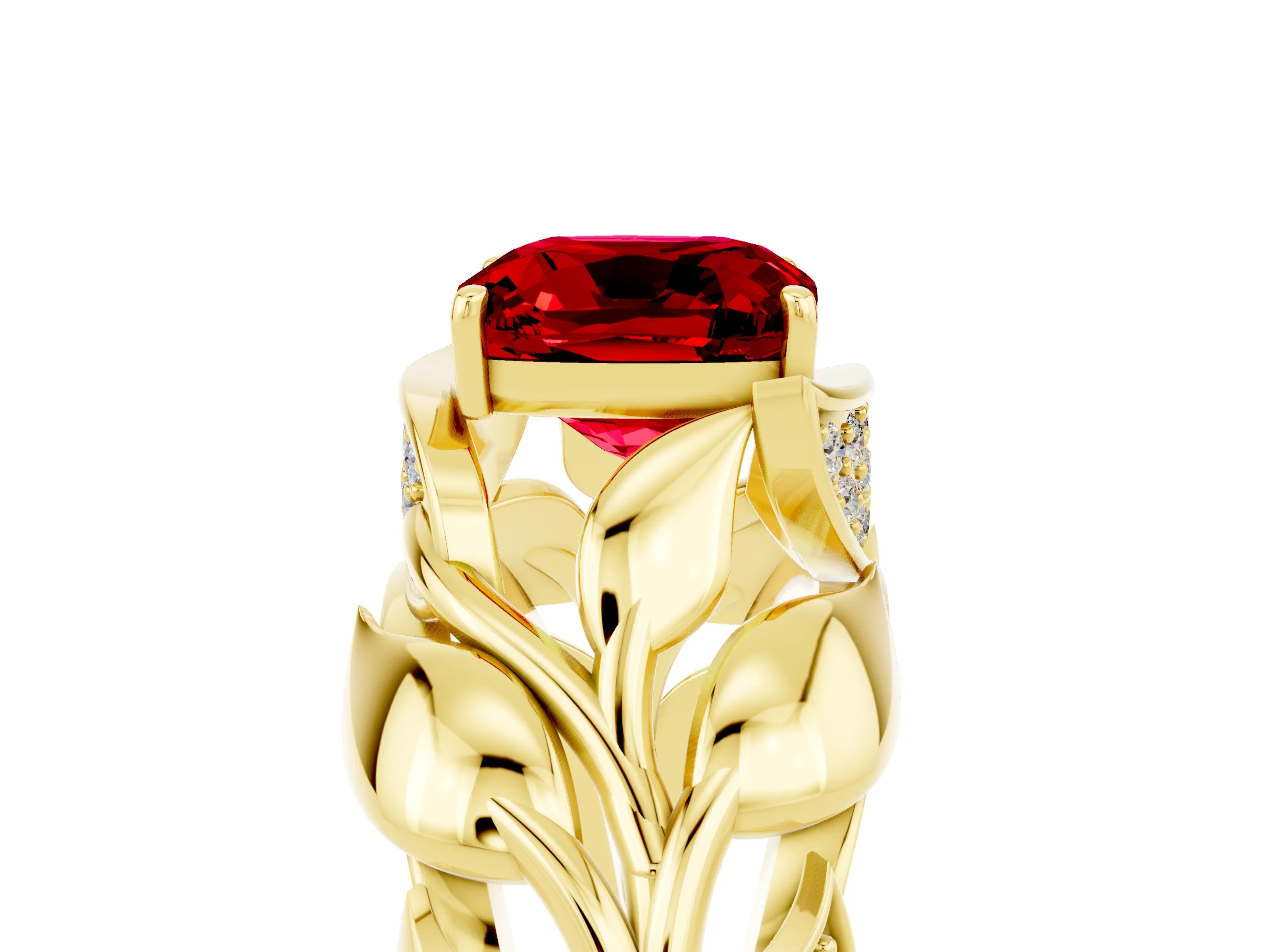 Yellow gold Cushion Cut Solitaire Leaf-Inspired Engagement Ring with Prong Setting_5