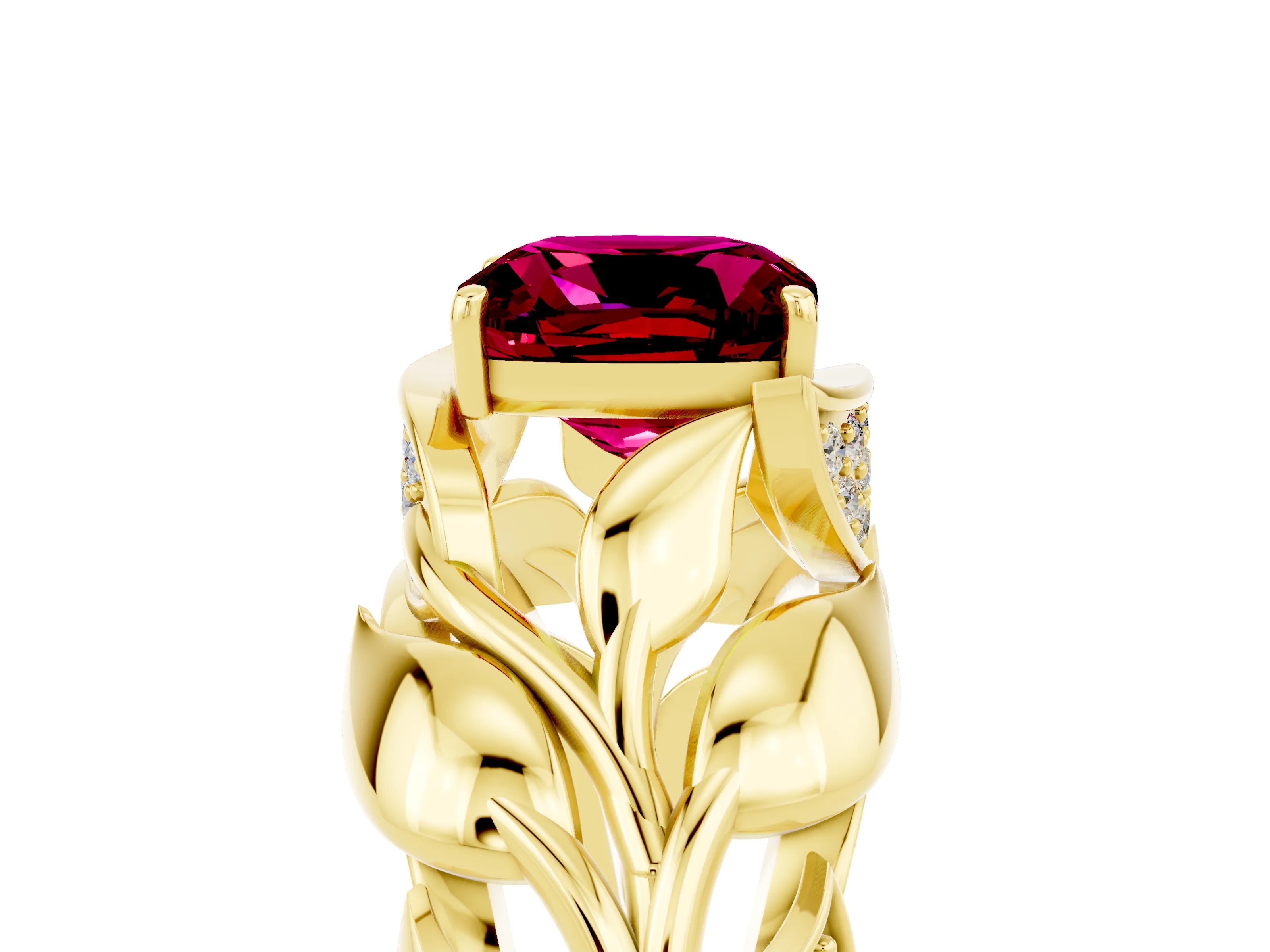 Yellow gold Cushion Cut Solitaire Leaf-Inspired Engagement Ring with Prong Setting_5