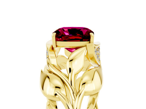 Yellow gold Cushion Cut Solitaire Leaf-Inspired Engagement Ring with Prong Setting_5