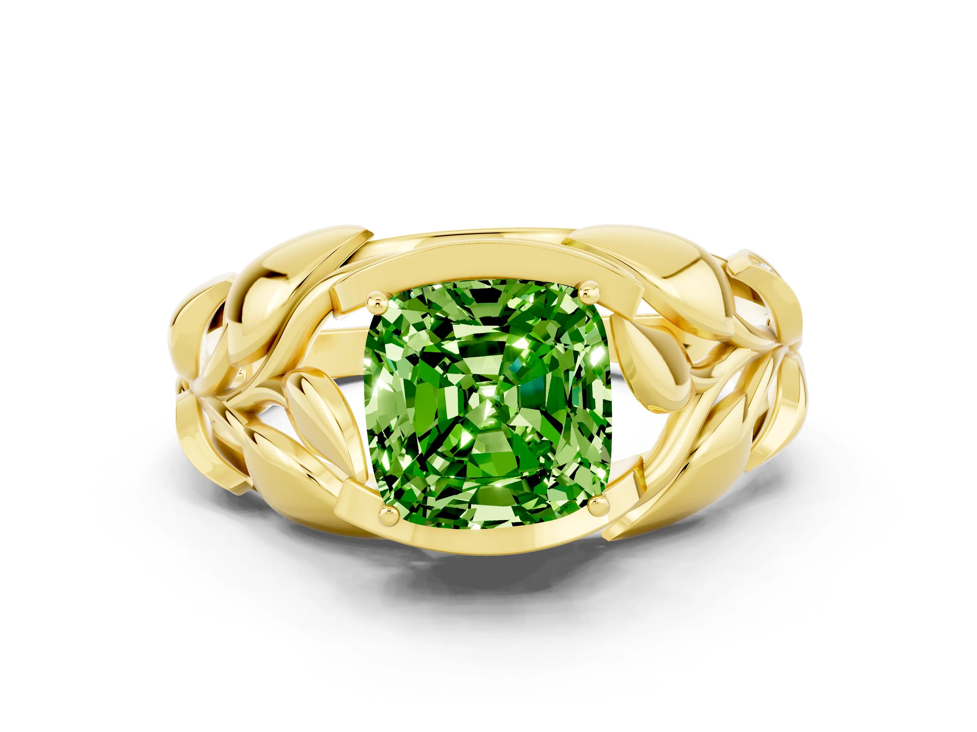 Yellow gold Cushion Cut Solitaire Leaf-Inspired Engagement Ring with Prong Setting