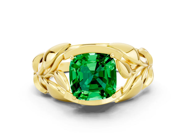 Yellow gold Cushion Cut Emerald Leaf-Inspired Engagement Ring with Round Accents and Prong Setting