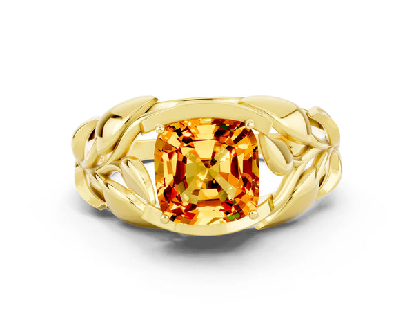 Yellow gold Cushion Cut Citrine Leaf-Inspired Engagement Ring with Round Accents and Prong Setting