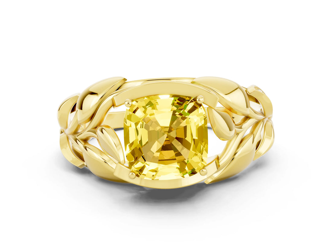 Yellow gold Cushion Cut Solitaire Leaf-Inspired Engagement Ring with Prong Setting