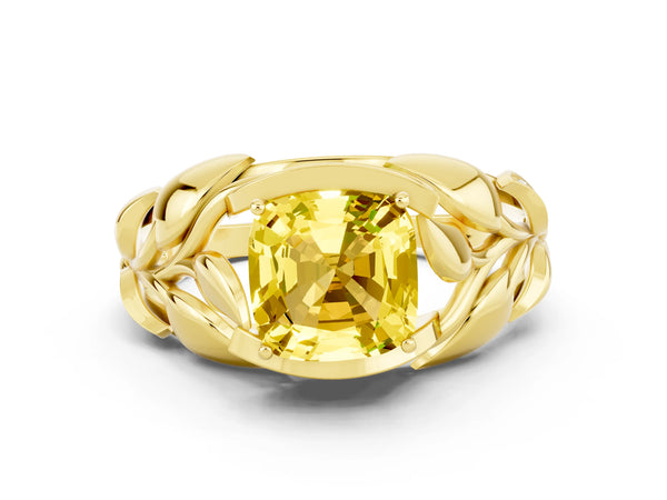Yellow gold Cushion Cut Yellow Sapphire Leaf-Inspired Engagement Ring with Round Accents and Prong Setting