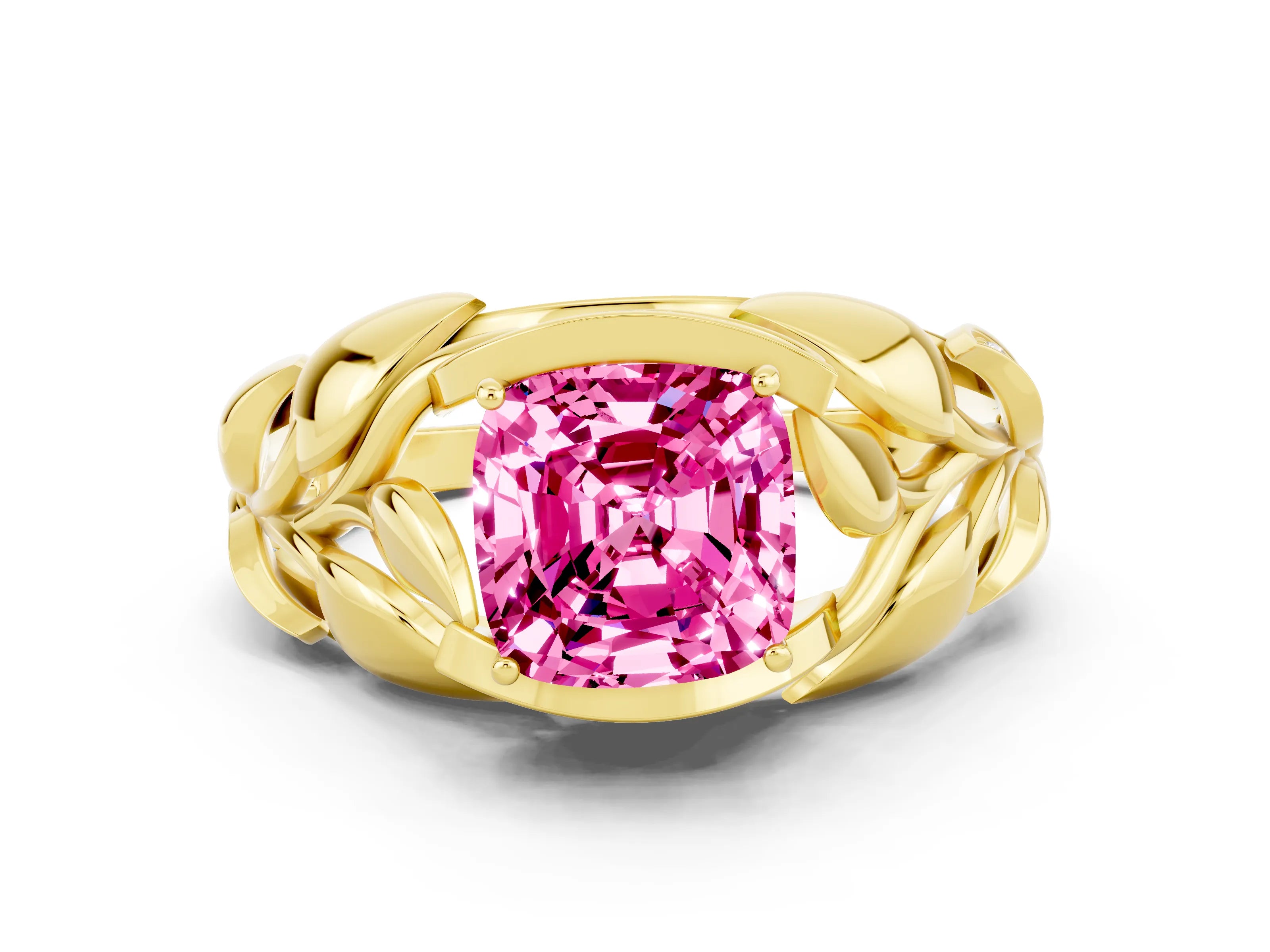 Yellow gold Cushion Cut Solitaire Leaf-Inspired Engagement Ring with Prong Setting