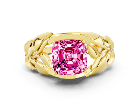 Yellow gold Cushion Cut Solitaire Leaf-Inspired Engagement Ring with Prong Setting