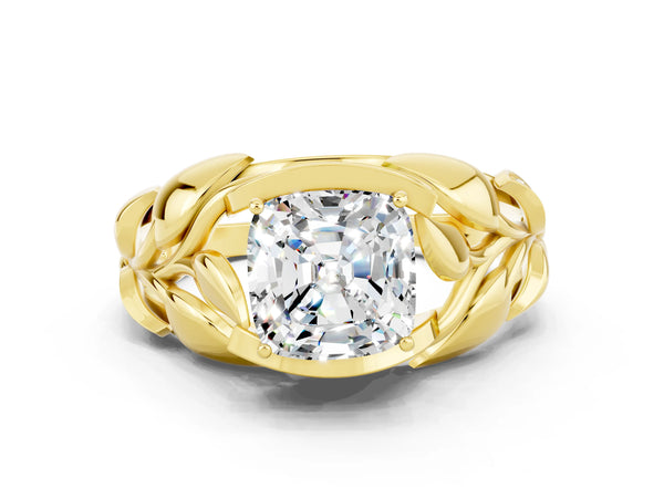 Yellow gold Cushion Cut Moissanite Leaf-Inspired Engagement Ring with Round Accents and Prong Setting