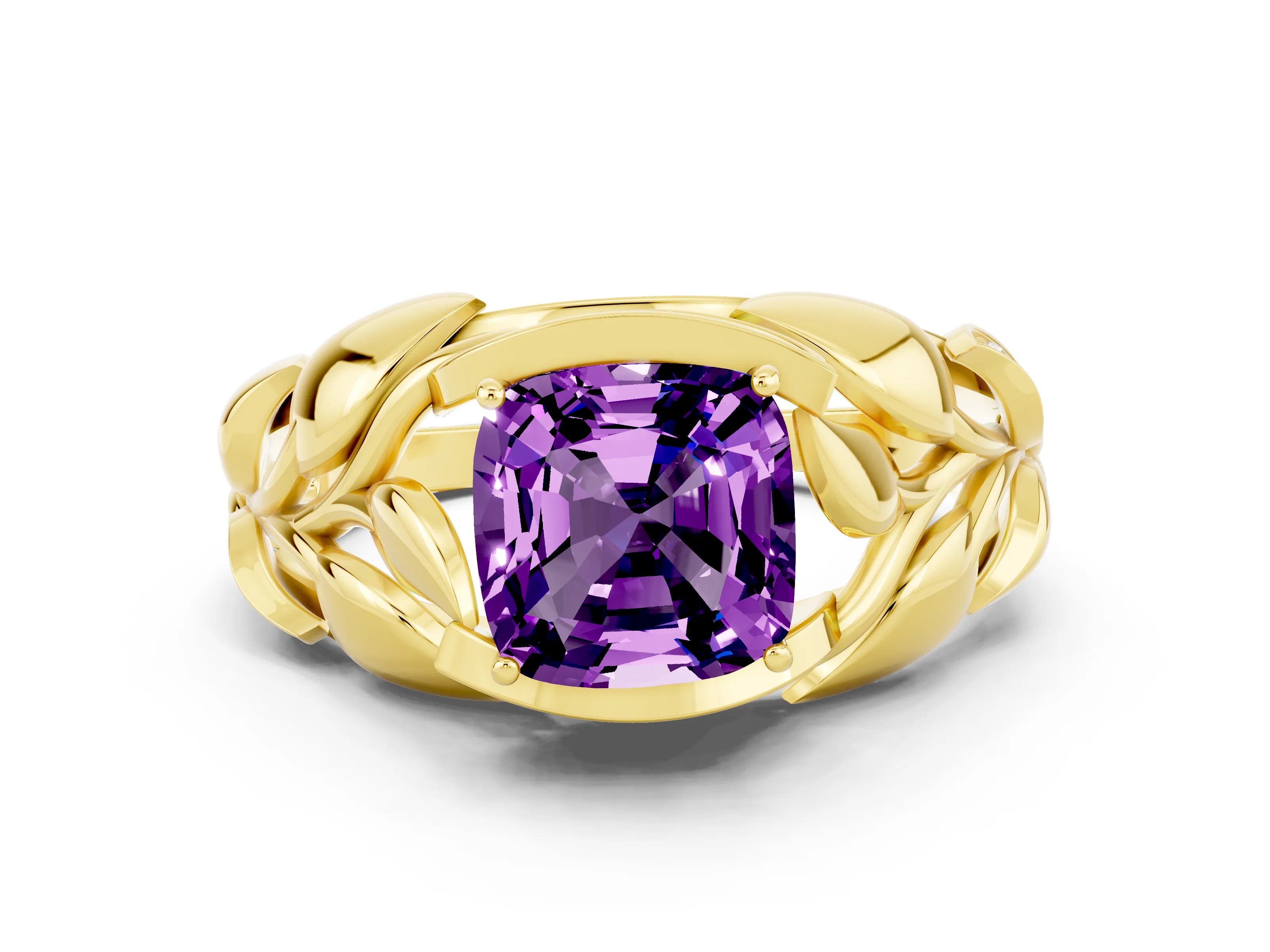 Yellow gold Cushion Cut Solitaire Leaf-Inspired Engagement Ring with Prong Setting