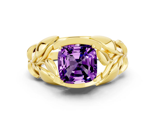 Yellow gold Cushion Cut Amethyst Leaf-Inspired Engagement Ring with Round Accents and Prong Setting