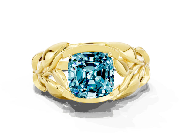 Yellow gold Cushion Cut Solitaire Leaf-Inspired Engagement Ring with Prong Setting