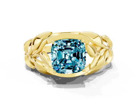 Yellow gold Cushion Cut Solitaire Leaf-Inspired Engagement Ring with Prong Setting
