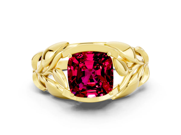 Yellow gold Cushion Cut Garnet Leaf-Inspired Engagement Ring with Round Accents and Prong Setting