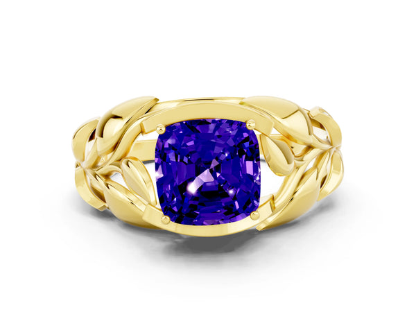 Yellow gold Cushion Cut Tanzanite Leaf-Inspired Engagement Ring with Round Accents and Prong Setting