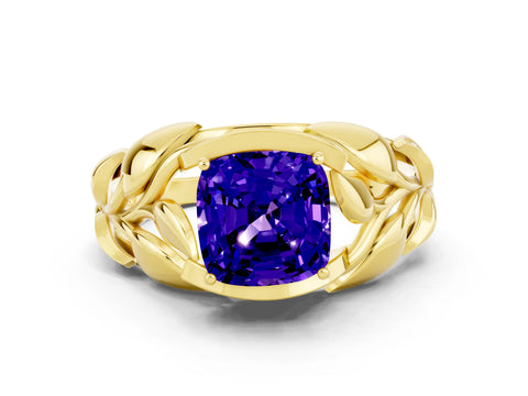Yellow gold Cushion Cut Solitaire Leaf-Inspired Engagement Ring with Prong Setting