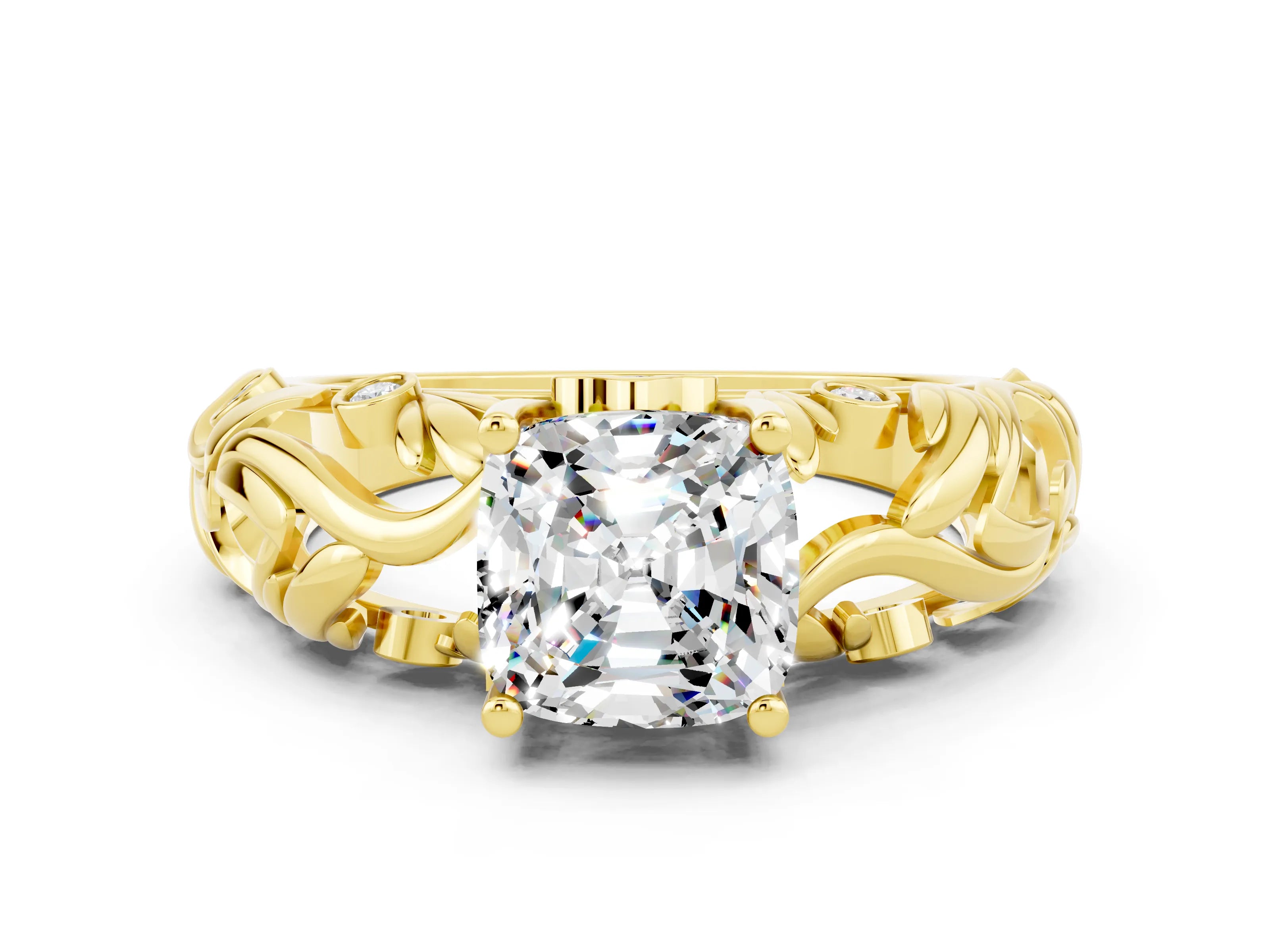 Yellow gold Cushion Cut Solitaire Moissanite Leaf-Inspired Vine Band Ring with Prong Setting