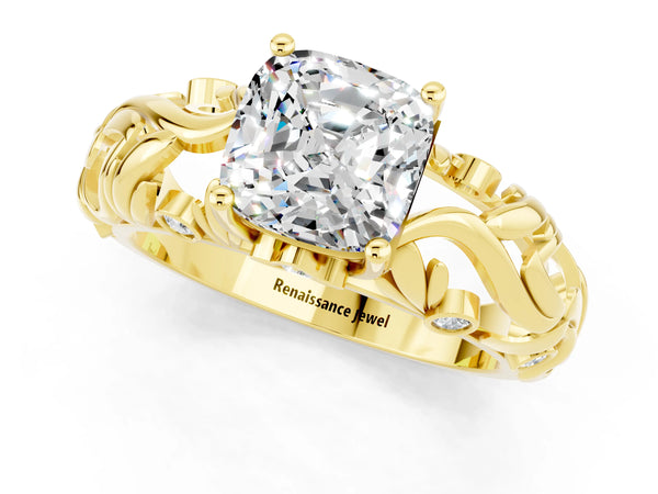 Yellow gold Cushion Cut Solitaire Moissanite Leaf-Inspired Vine Band Ring with Prong Setting