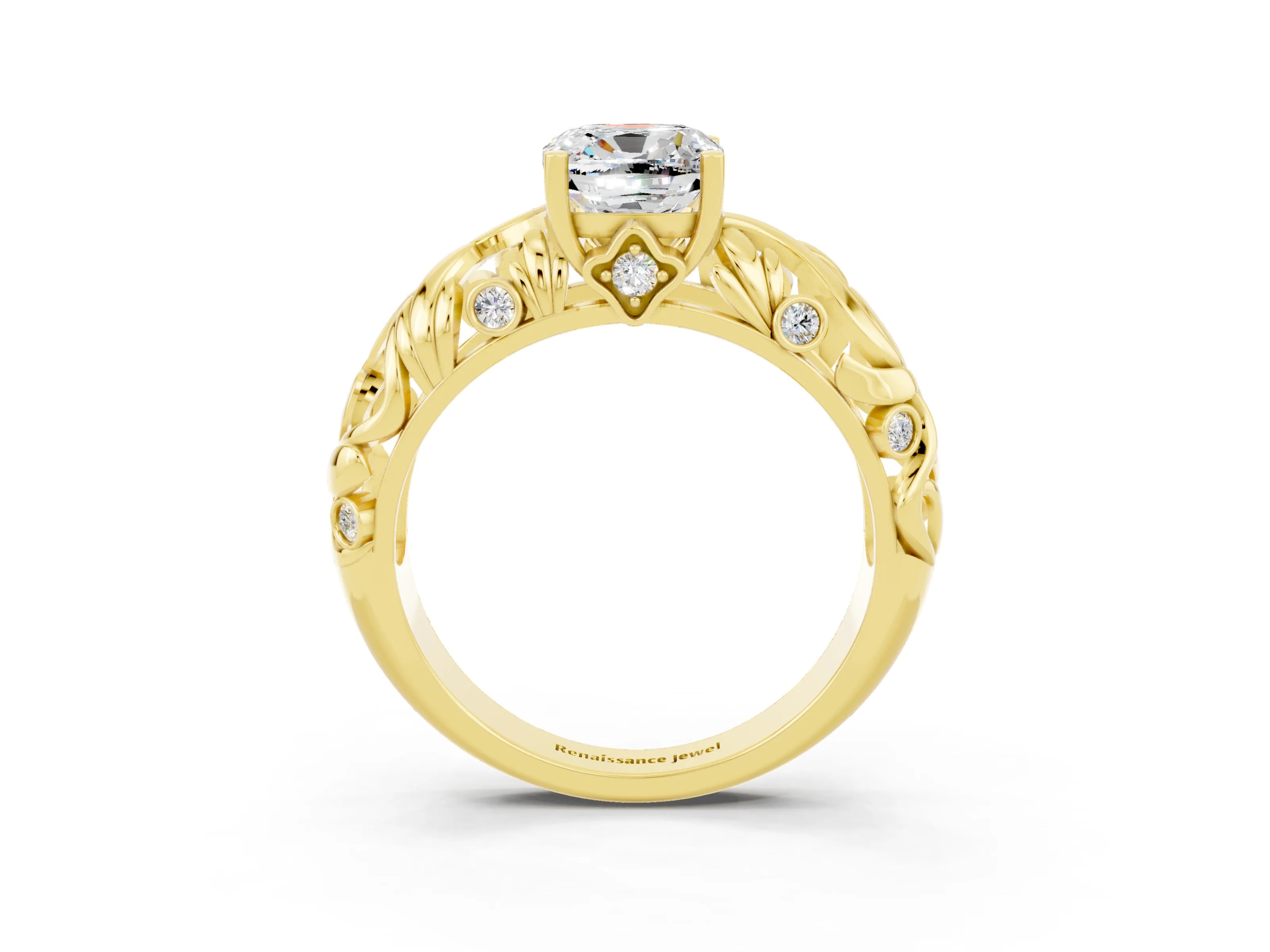 Yellow gold Cushion Cut Solitaire Moissanite Leaf-Inspired Vine Band Ring with Prong Setting_3