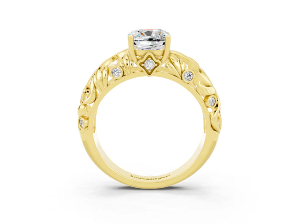 Yellow gold Cushion Cut Solitaire Moissanite Leaf-Inspired Vine Band Ring with Prong Setting