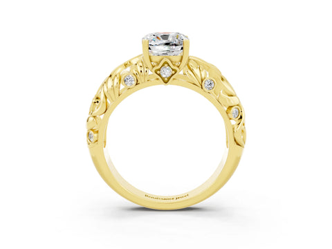 Yellow gold Cushion Cut Solitaire Moissanite Leaf-Inspired Vine Band Ring with Prong Setting_3