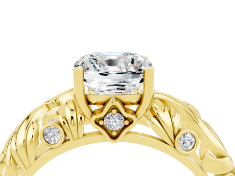 Yellow gold Cushion Cut Solitaire Moissanite Leaf-Inspired Vine Band Ring with Prong Setting_4