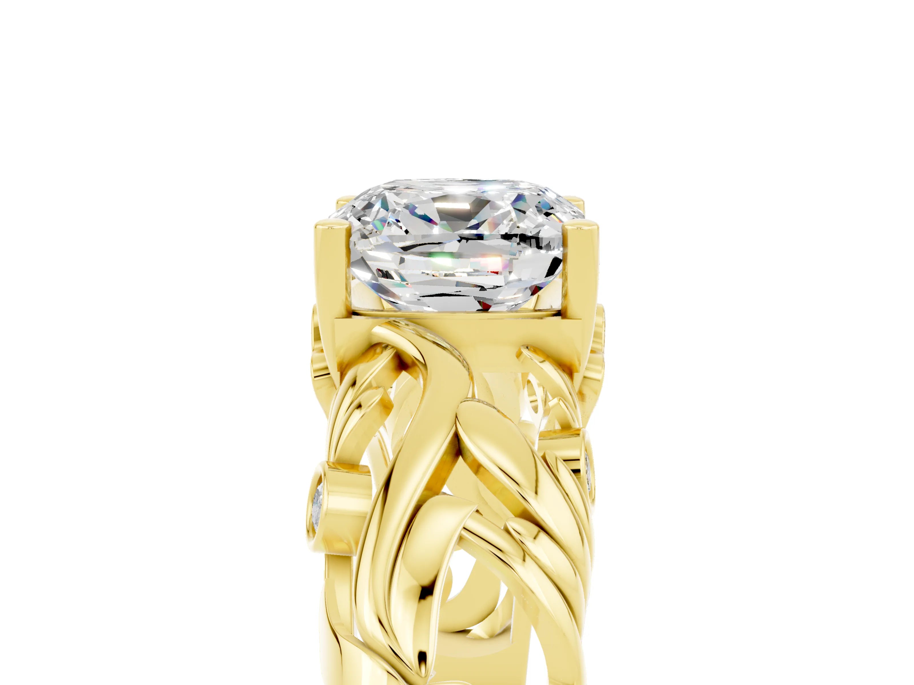 Yellow gold Cushion Cut Solitaire Moissanite Leaf-Inspired Vine Band Ring with Prong Setting_5