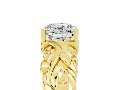 Yellow gold Cushion Cut Solitaire Moissanite Leaf-Inspired Vine Band Ring with Prong Setting_5