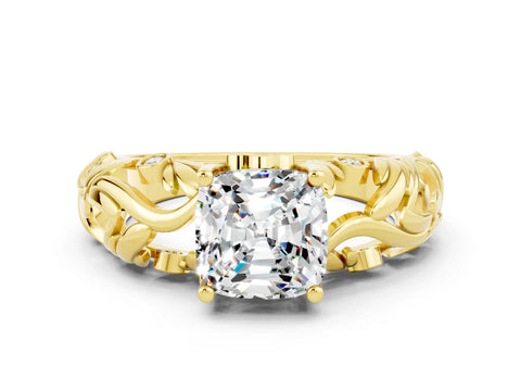 Yellow gold Cushion Cut Solitaire Moissanite Leaf-Inspired Vine Band Ring with Prong Setting
