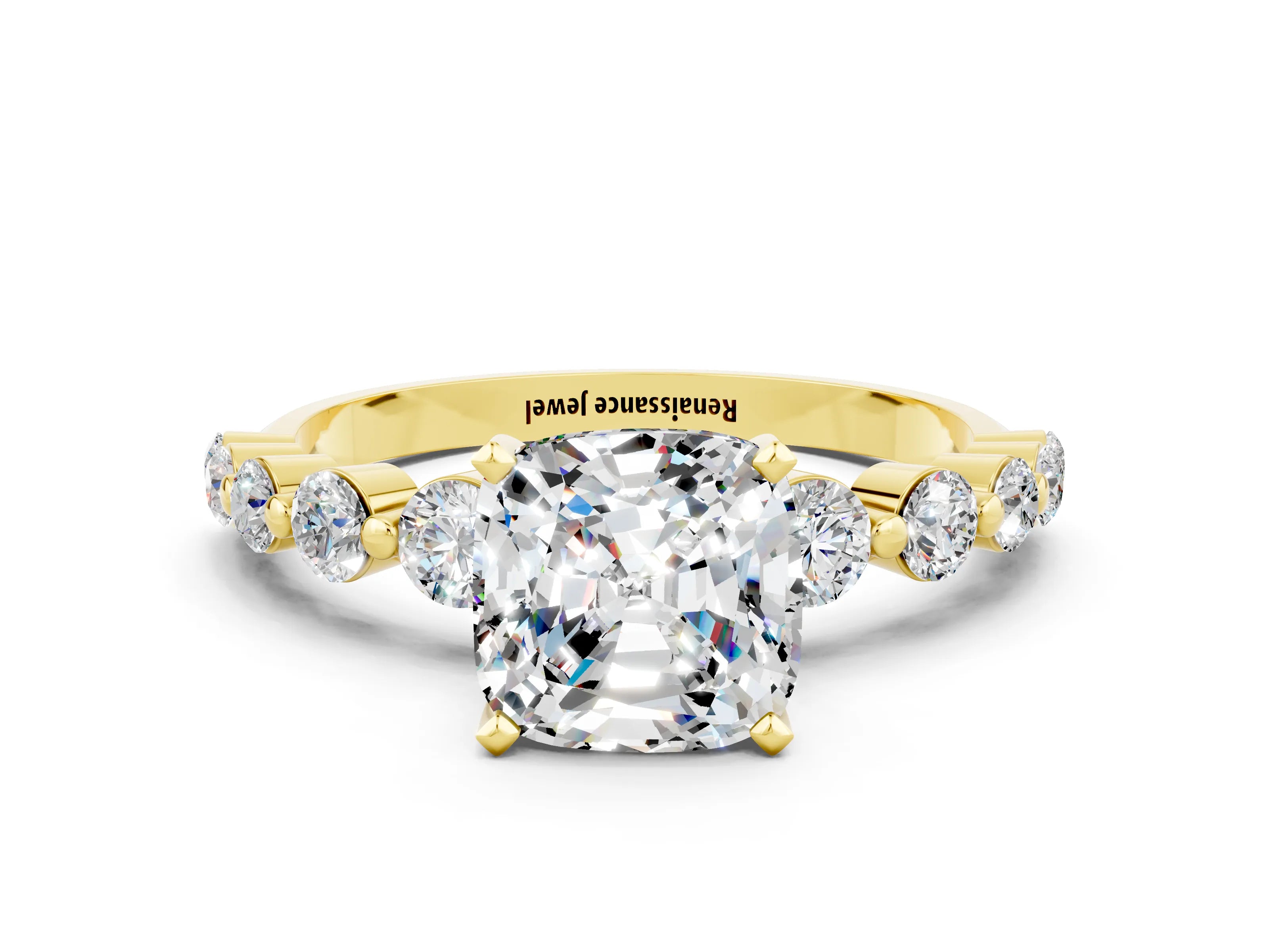 Yellow gold Cushion Cut Solitaire Moissanite Ring with Pave Band and Four-Prong Setting
