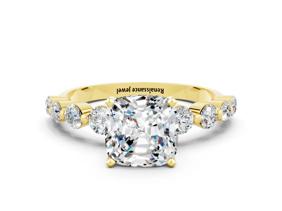Yellow gold Cushion Cut Solitaire Moissanite Ring with Pave Band and Four-Prong Setting