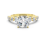Yellow gold Cushion Cut Solitaire Moissanite Ring with Pave Band and Four-Prong Setting