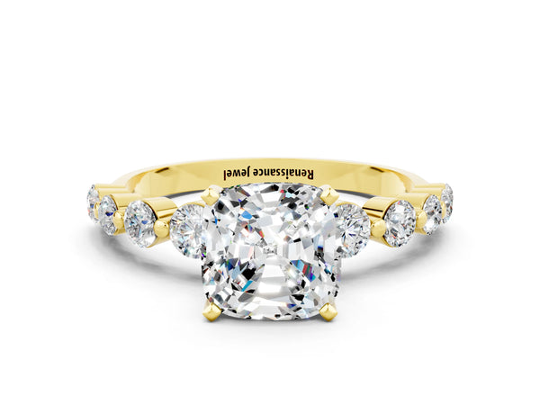 Yellow gold Cushion Cut Solitaire Moissanite Ring with Pave Band and Four-Prong Setting