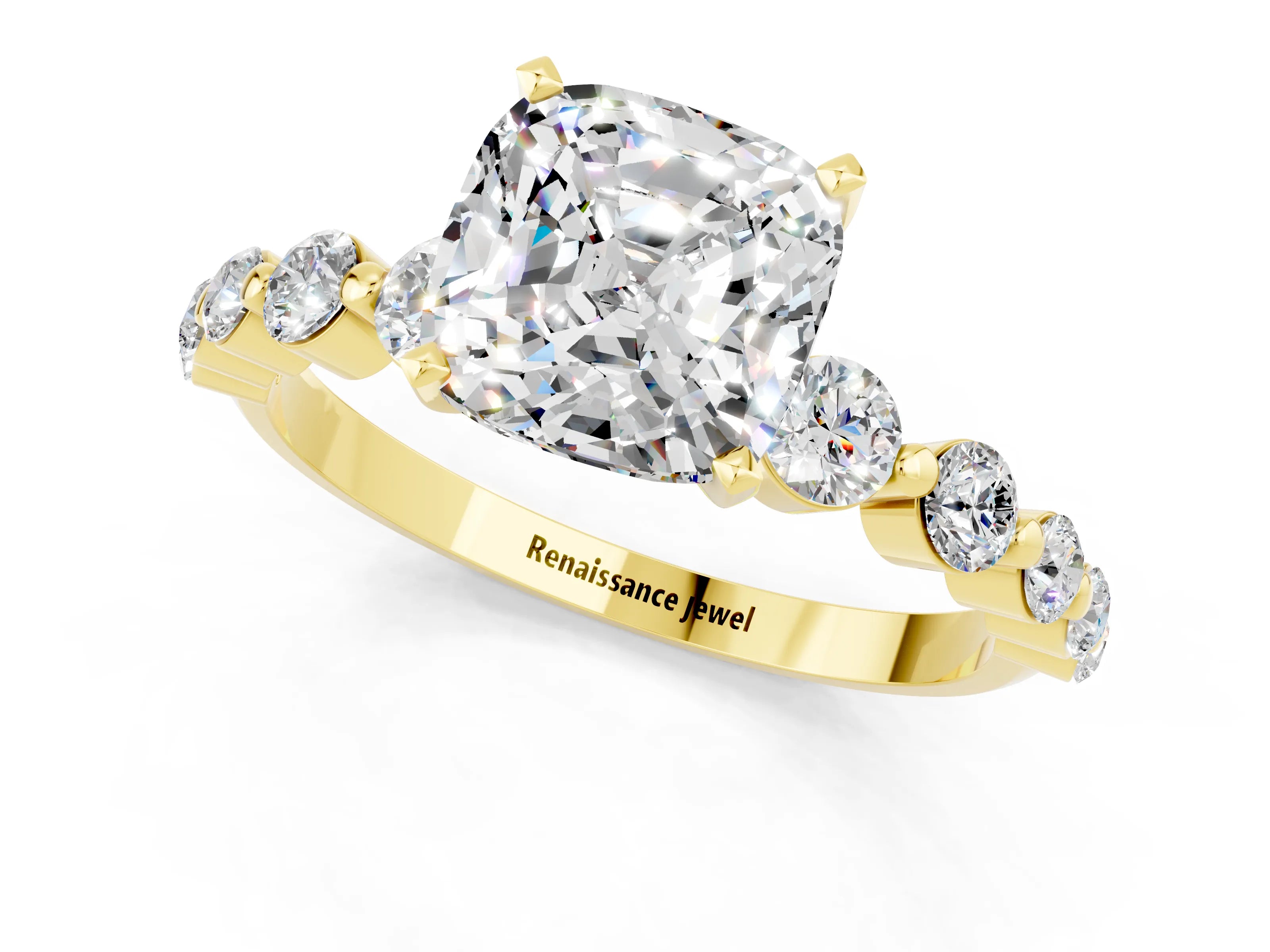 Yellow gold Cushion Cut Solitaire Moissanite Ring with Pave Band and Four-Prong Setting_1