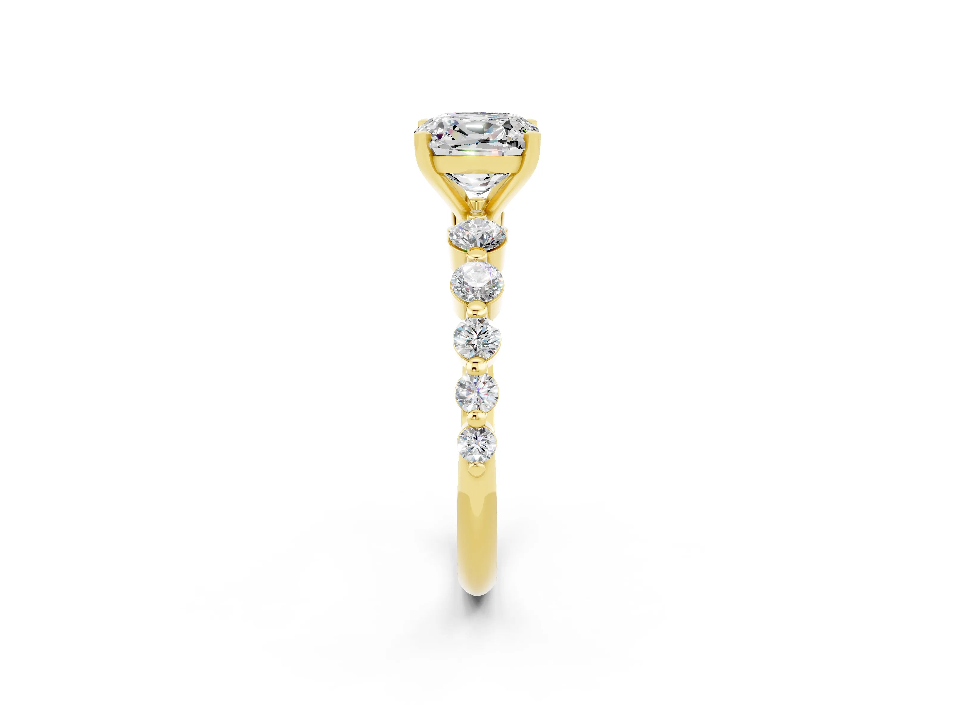 Yellow gold Cushion Cut Solitaire Moissanite Ring with Pave Band and Four-Prong Setting_2