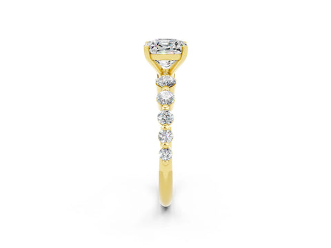 Yellow gold Cushion Cut Solitaire Moissanite Ring with Pave Band and Four-Prong Setting_2