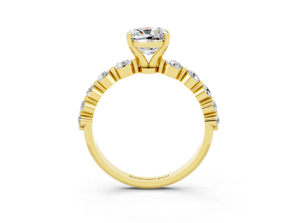 Yellow gold Cushion Cut Solitaire Moissanite Ring with Pave Band and Four-Prong Setting