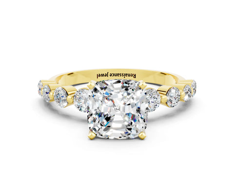 Yellow gold Cushion Cut Solitaire Moissanite Ring with Pave Band and Four-Prong Setting