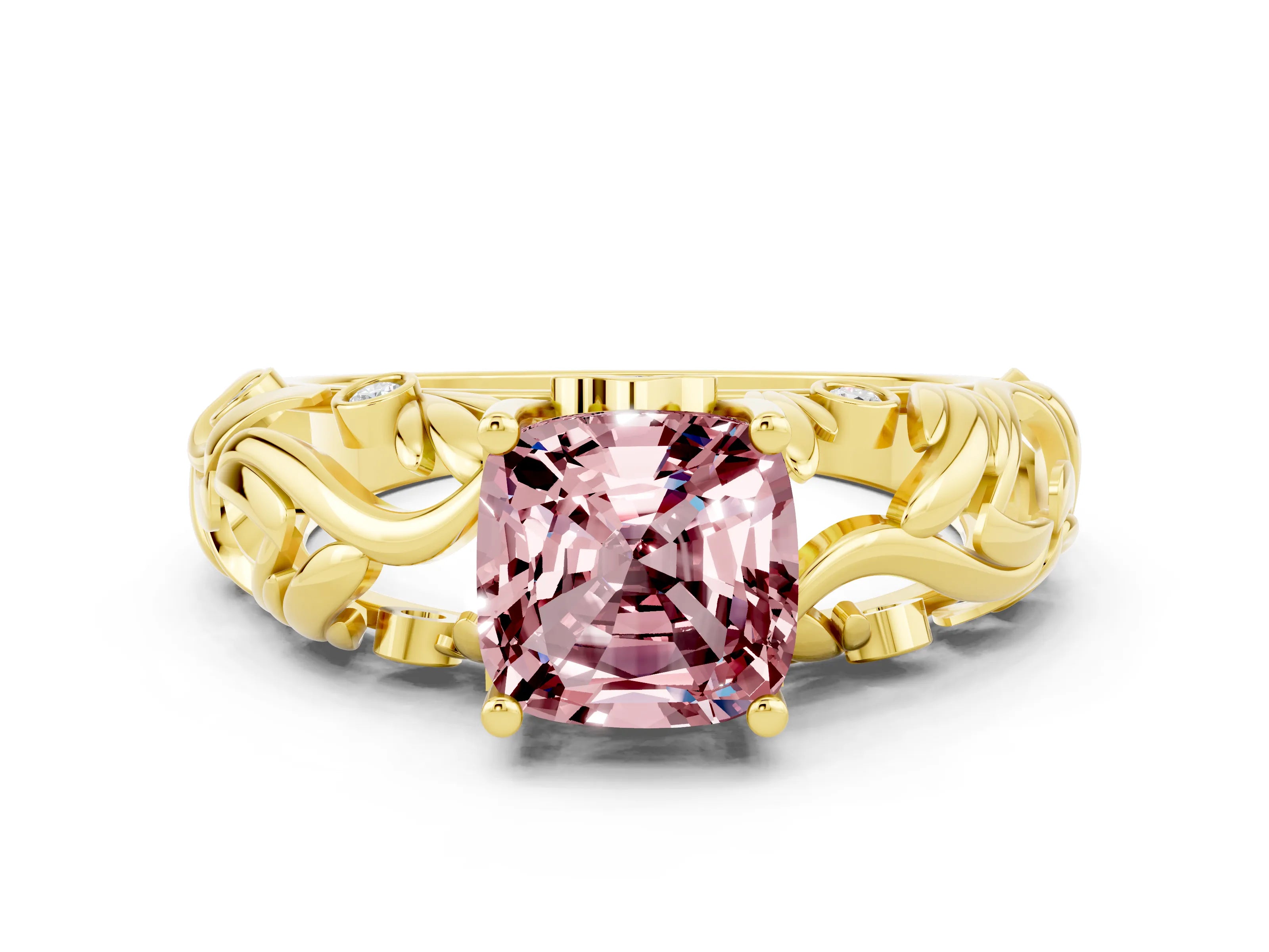 Yellow gold Cushion Cut Solitaire Morganite Leaf-Inspired Vine Band Ring with Prong Setting