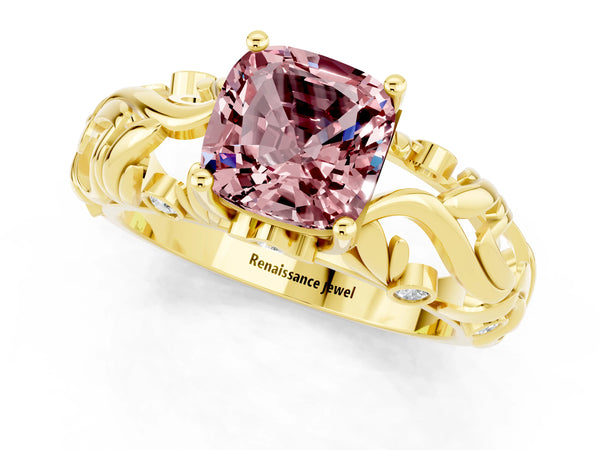 Yellow gold Cushion Cut Solitaire Morganite Leaf-Inspired Vine Band Ring with Prong Setting