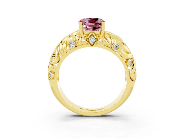 Yellow gold Cushion Cut Solitaire Morganite Leaf-Inspired Vine Band Ring with Prong Setting