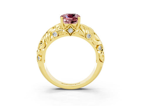 Yellow gold Cushion Cut Solitaire Morganite Leaf-Inspired Vine Band Ring with Prong Setting_3