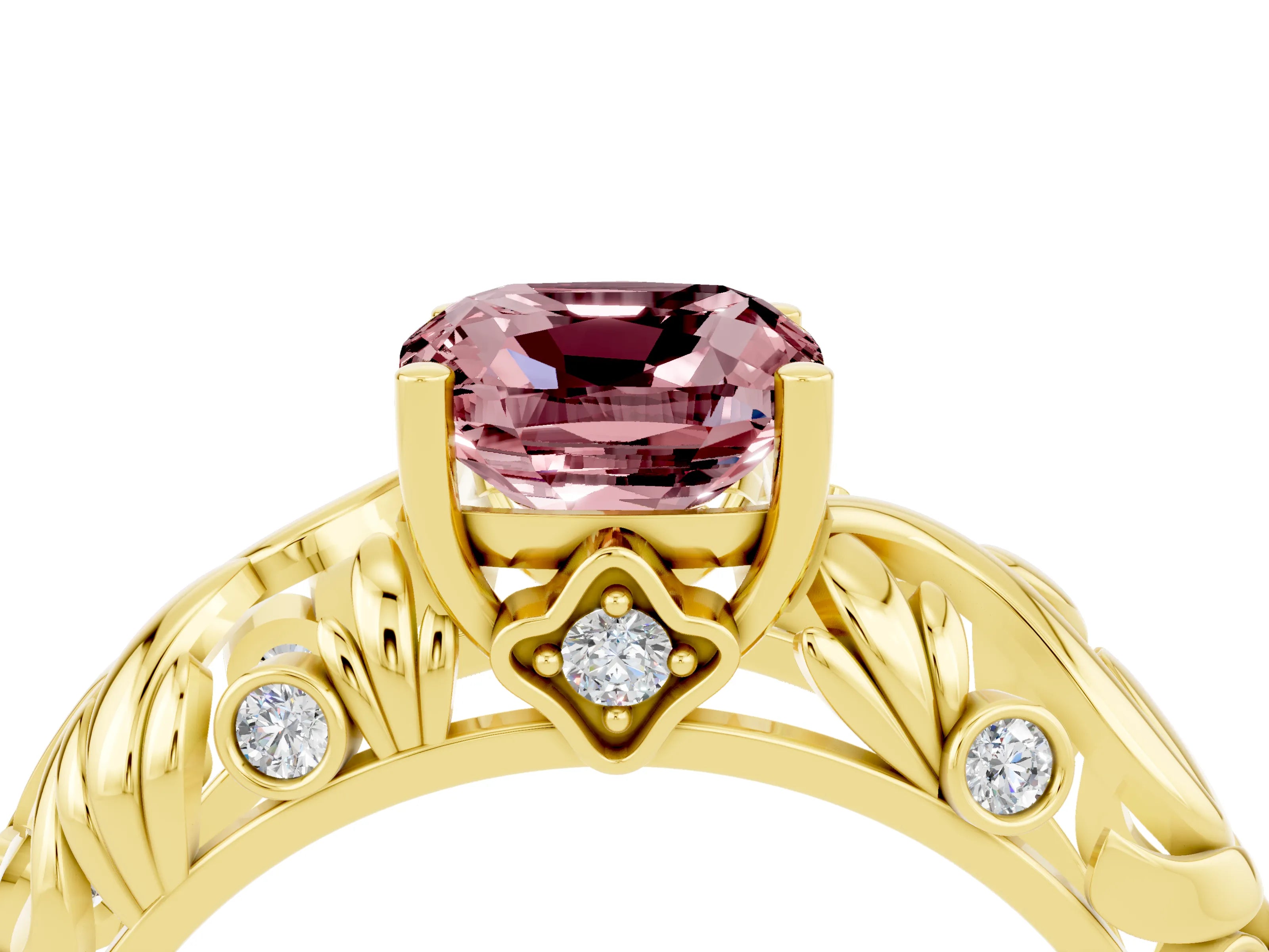 Yellow gold Cushion Cut Solitaire Morganite Leaf-Inspired Vine Band Ring with Prong Setting_4