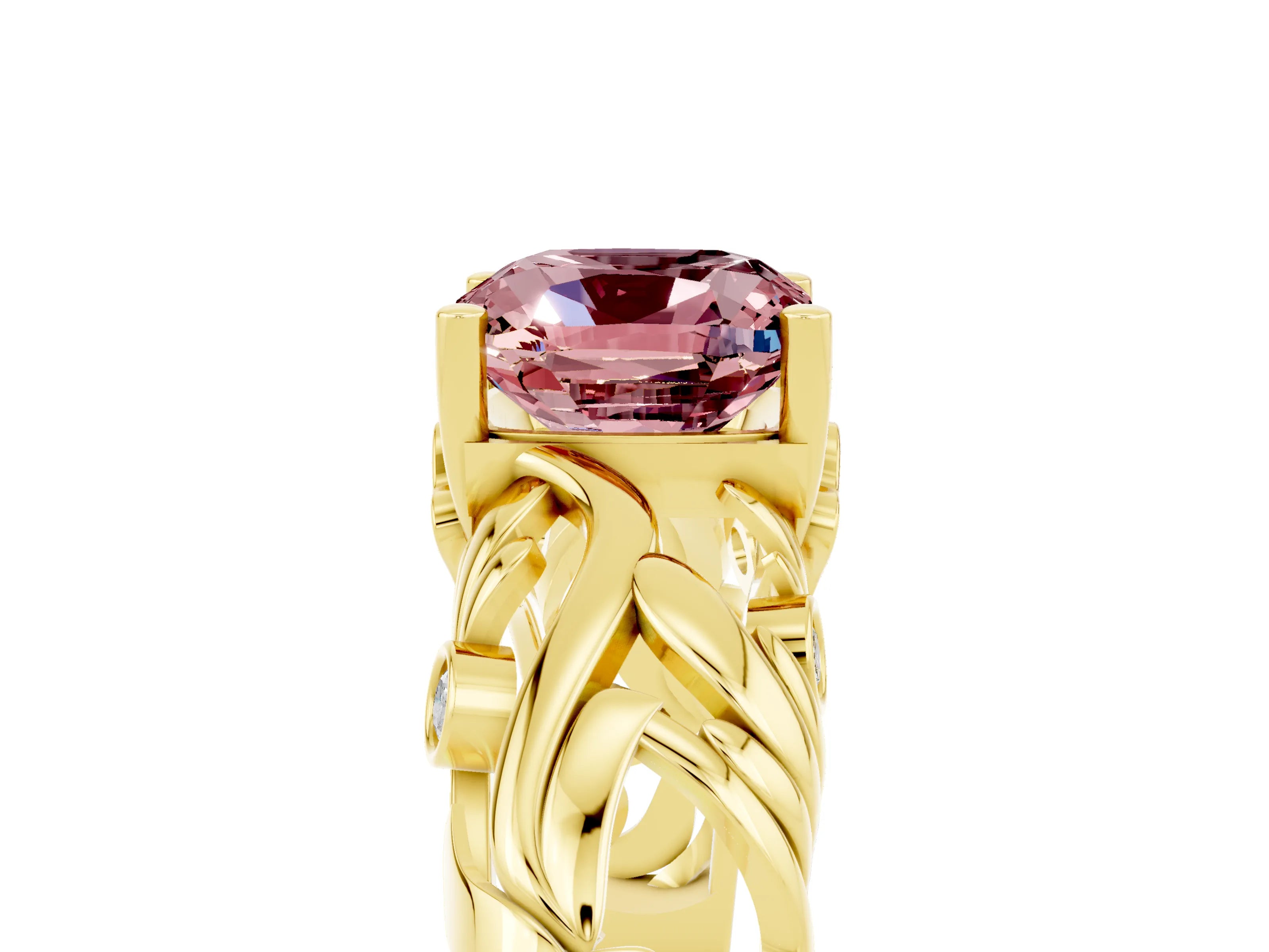 Yellow gold Cushion Cut Solitaire Morganite Leaf-Inspired Vine Band Ring with Prong Setting_5