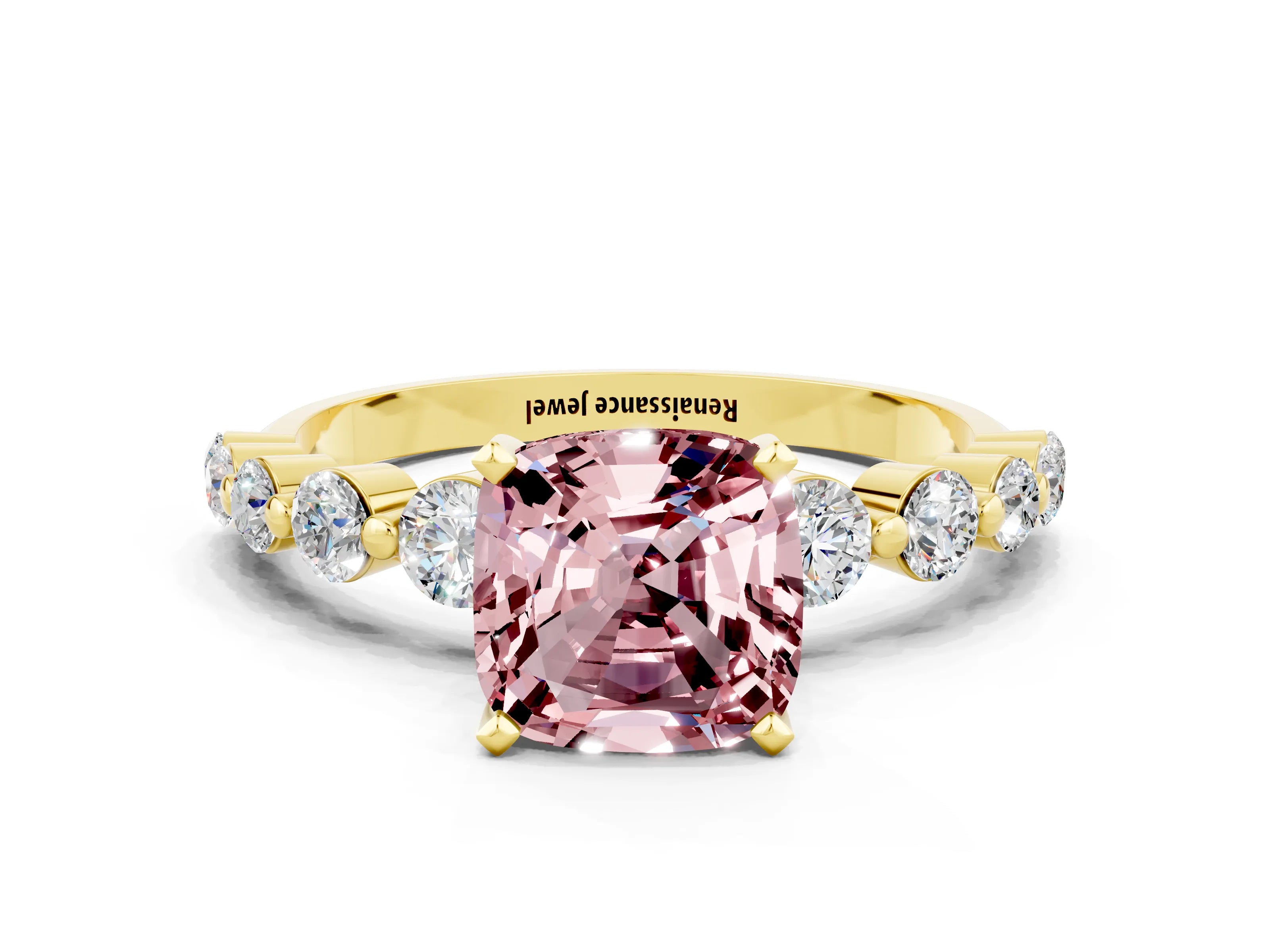 Yellow gold Cushion Cut Solitaire Morganite Ring with Pave Band and Four-Prong Setting