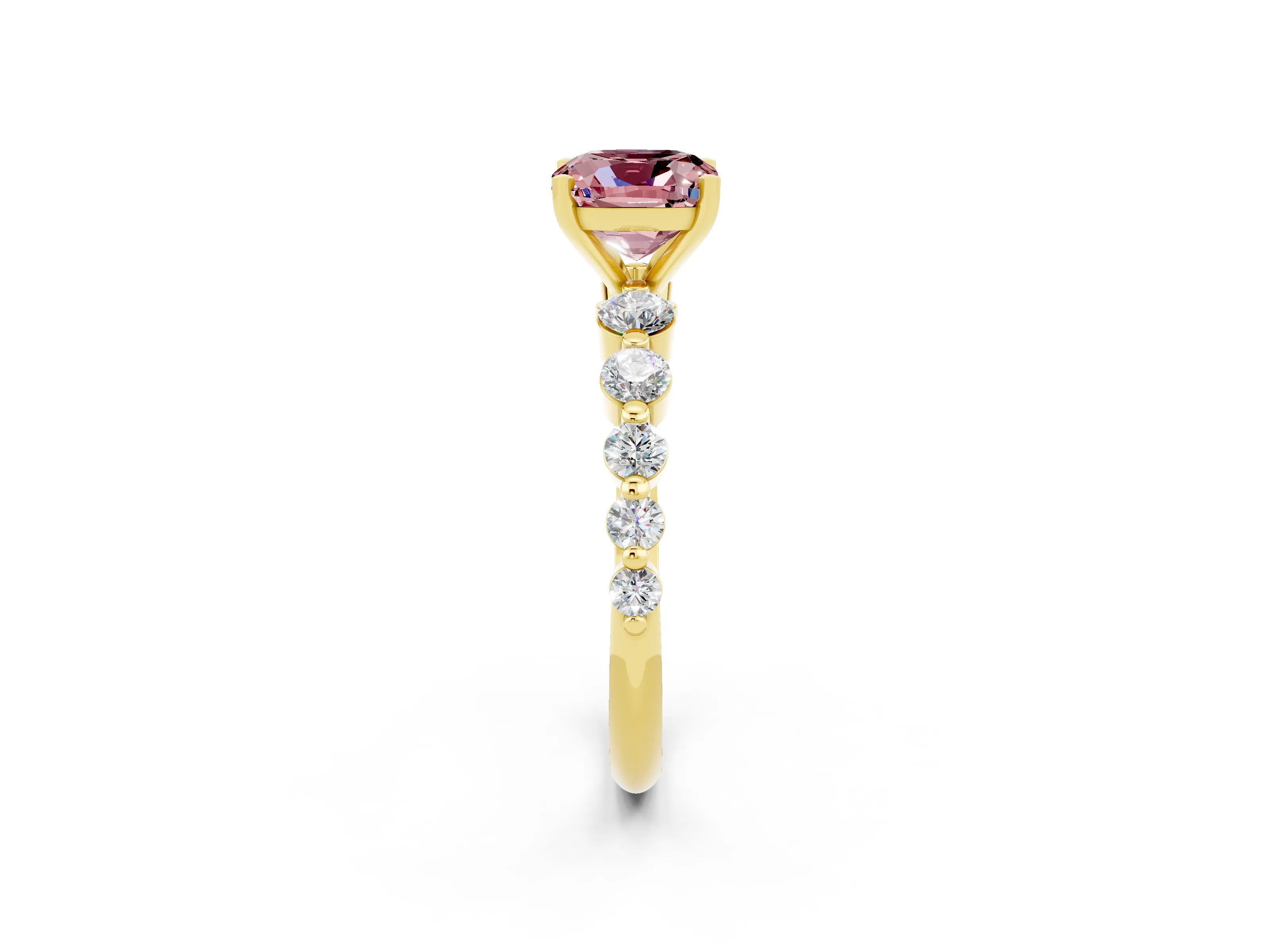 Yellow gold Cushion Cut Solitaire Morganite Ring with Pave Band and Four-Prong Setting_2