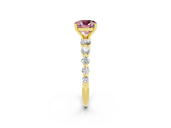 Yellow gold Cushion Cut Solitaire Morganite Ring with Pave Band and Four-Prong Setting