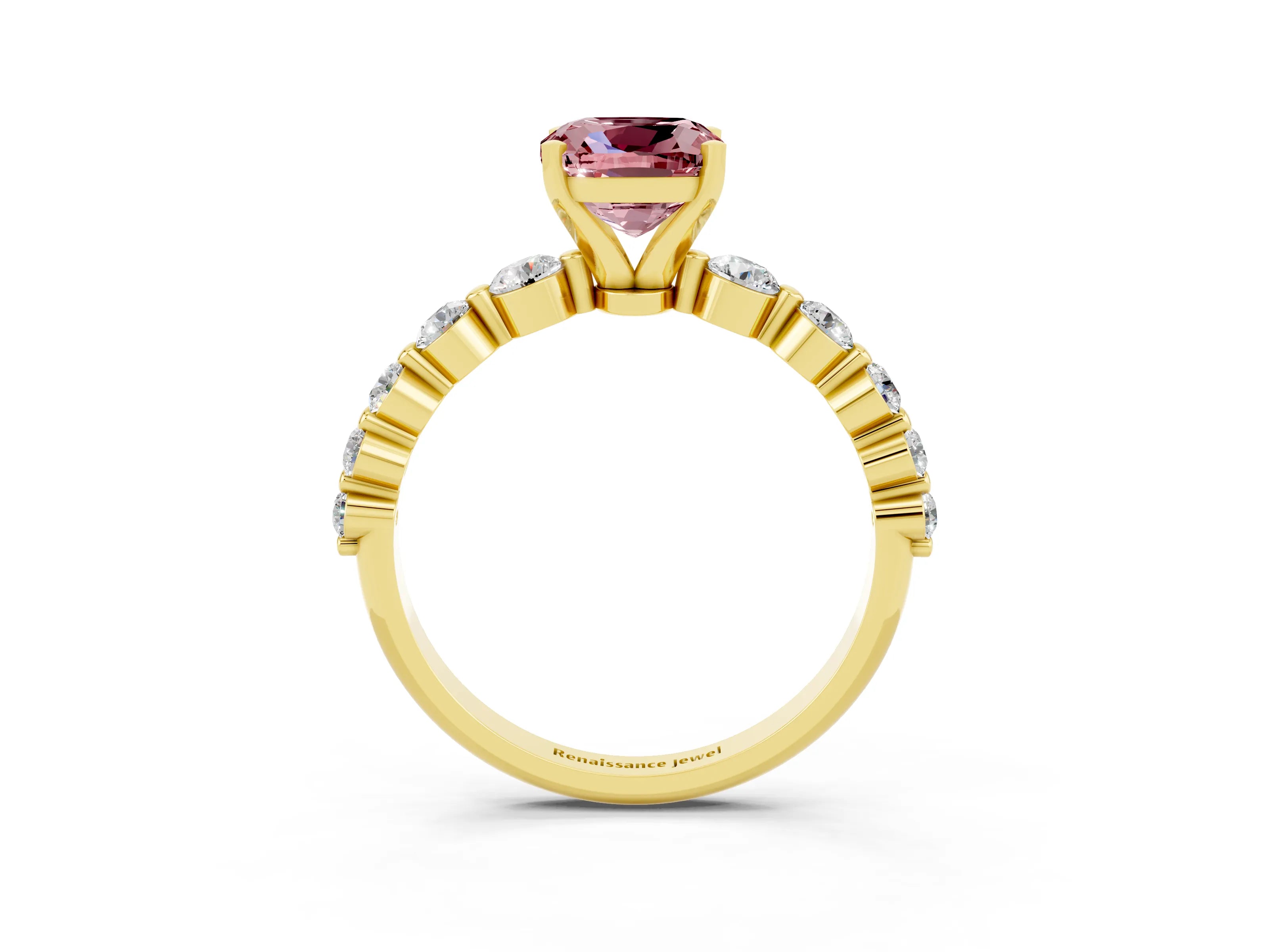 Yellow gold Cushion Cut Solitaire Morganite Ring with Pave Band and Four-Prong Setting_3