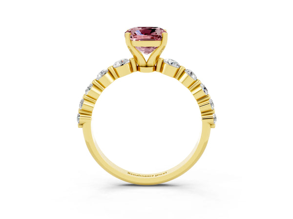 Yellow gold Cushion Cut Solitaire Morganite Ring with Pave Band and Four-Prong Setting