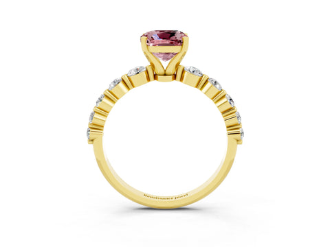 Yellow gold Cushion Cut Solitaire Morganite Ring with Pave Band and Four-Prong Setting_3